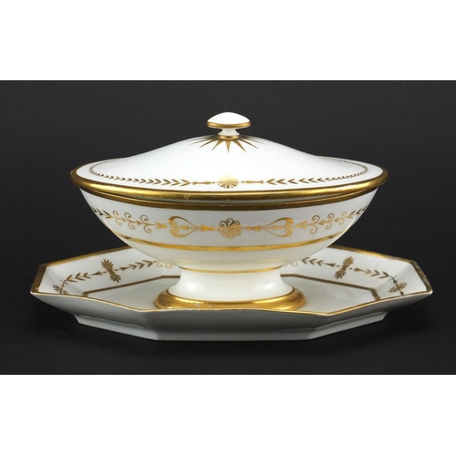 706 - Early 19th century Sèvres porcelain tureen and cover, finely gilded with foliate motifs, painted mar... 