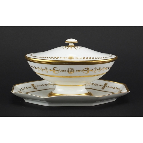 706 - Early 19th century Sèvres porcelain tureen and cover, finely gilded with foliate motifs, painted mar... 