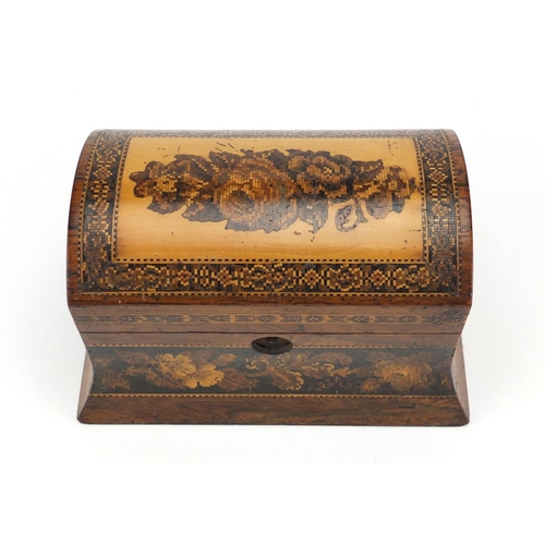 38 - Victorian Tunbridge Ware tea caddy of out swept form, the domed lid and body with micro mosaic flora... 