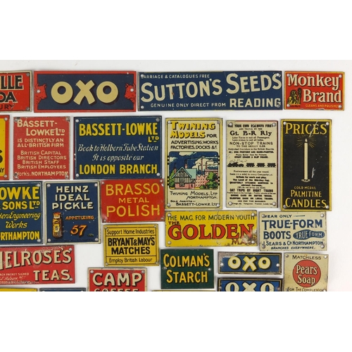 97 - Group of vintage miniature enamel advertising plaques including OXO, Whitbreads, Colman's Mustard, P... 