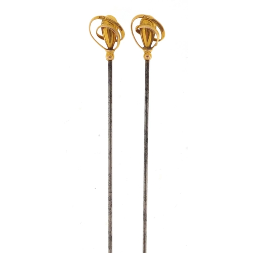 51 - Pair of Art Nouveau 9ct gold hat pins by Charles Horner, each 16.5cm in length