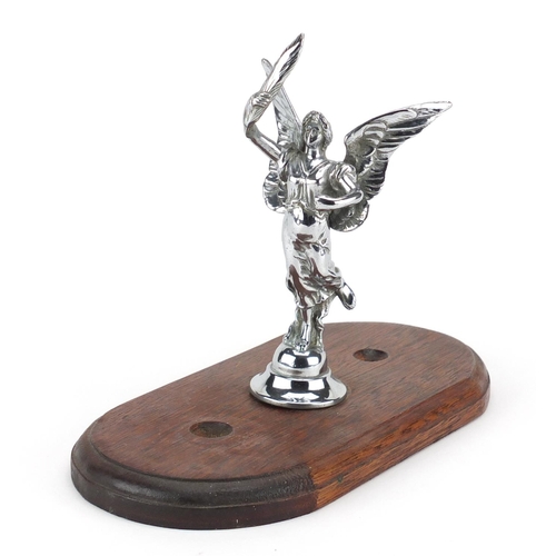 125 - Vintage chrome angel car mascot, raised on an oak base, 22cm high