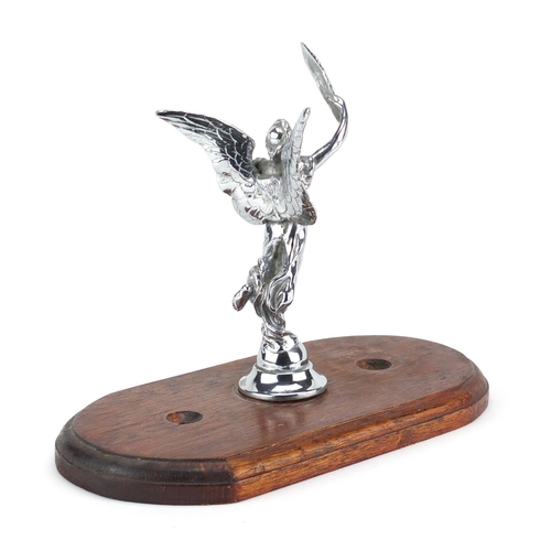 125 - Vintage chrome angel car mascot, raised on an oak base, 22cm high