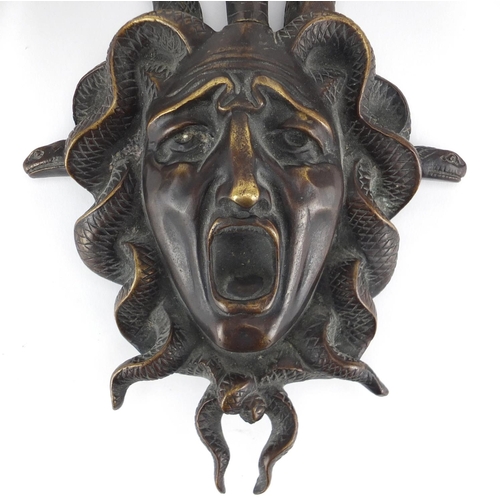 5 - Early 20th century patinated bronze wall mask of Medusa with three serpent hangers, 31cm high