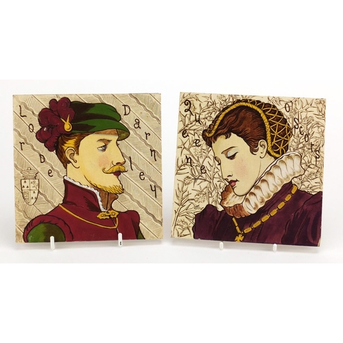 773 - Pair of 19th century hand painted pottery tiles of Queen of Scots and Lord Darnley, each 15.5cm x 15... 