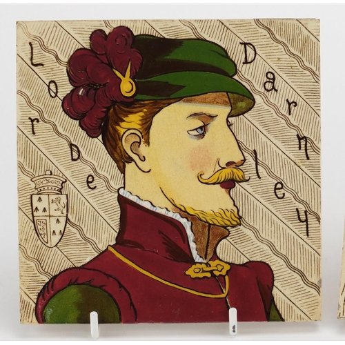 773 - Pair of 19th century hand painted pottery tiles of Queen of Scots and Lord Darnley, each 15.5cm x 15... 