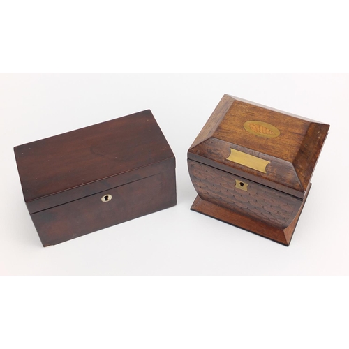 35 - Two 19th century tea caddy's including a mahogany example with shell inlay carved with fish scales, ... 