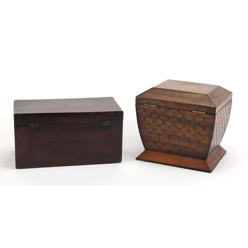 35 - Two 19th century tea caddy's including a mahogany example with shell inlay carved with fish scales, ... 