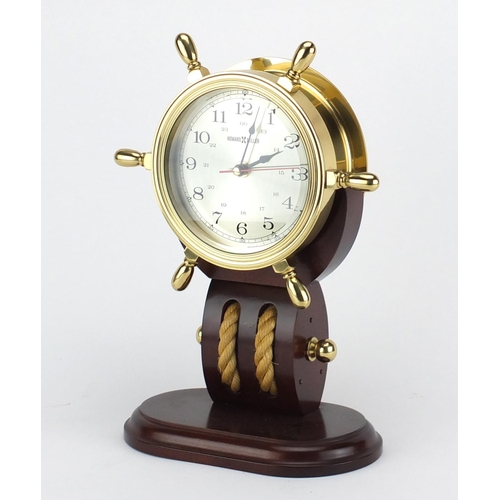 2379 - Howard Miller ships design brass and mahogany mantel clock, with Arabic numerals, 31cm high