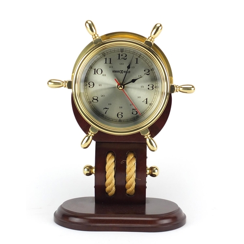 2379 - Howard Miller ships design brass and mahogany mantel clock, with Arabic numerals, 31cm high