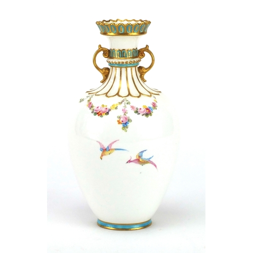 693 - Royal Crown Derby vase with twin gilt handles, hand painted with pheasants in a landscape and flower... 