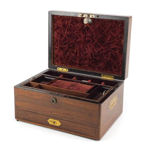2256 - Victorian rosewood work box with inset brass handles, the hinged lid opening to reveal a fitted inte... 