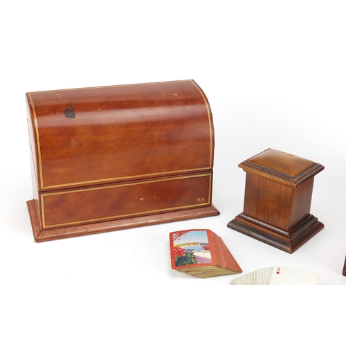 2361 - Burr wood shoe shine box, tooled leather letter rack and an olive wood card holder, the largest  19c... 