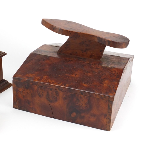 2361 - Burr wood shoe shine box, tooled leather letter rack and an olive wood card holder, the largest  19c... 