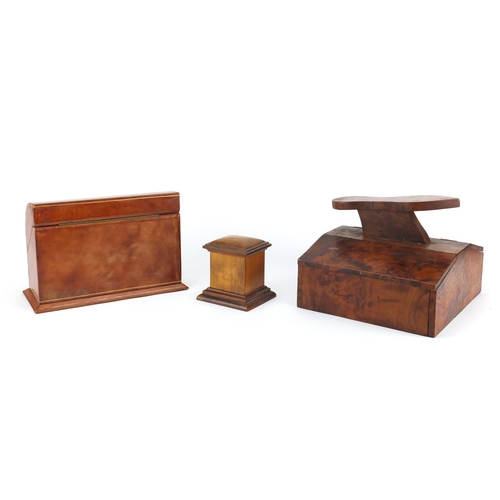 2361 - Burr wood shoe shine box, tooled leather letter rack and an olive wood card holder, the largest  19c... 