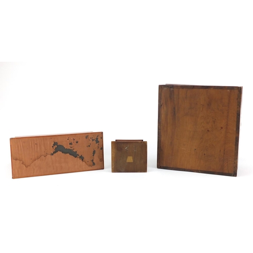 2361 - Burr wood shoe shine box, tooled leather letter rack and an olive wood card holder, the largest  19c... 