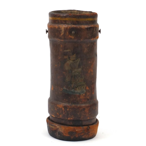 2167 - Military interest leather NO.58 shot bucket by B H & G, decorated with a rigged ship, impressed mark... 