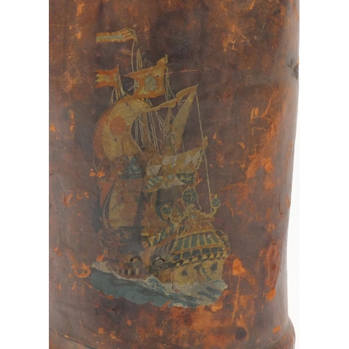 2167 - Military interest leather NO.58 shot bucket by B H & G, decorated with a rigged ship, impressed mark... 