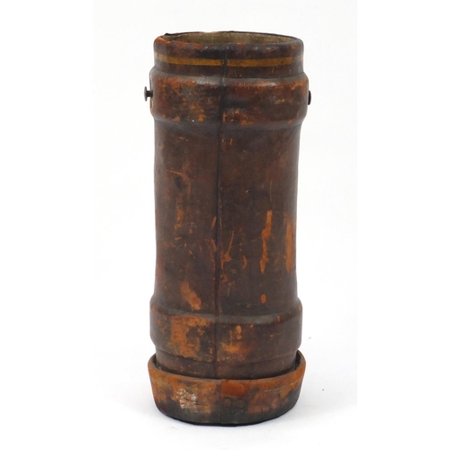 2167 - Military interest leather NO.58 shot bucket by B H & G, decorated with a rigged ship, impressed mark... 