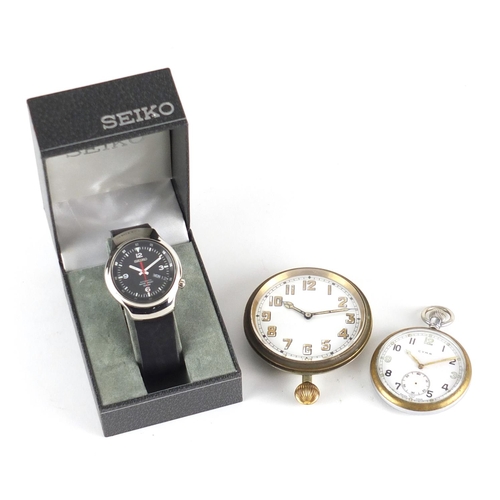 3066 - British Military issue Cyma pocket watch, Seiko automatic wristwatch and oversized watch