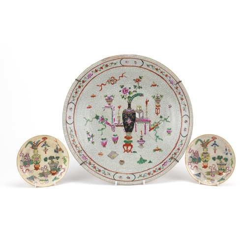 434 - Chinese crackle glazed charger and a pair of dishes, each hand painted in the famille rose palette w... 