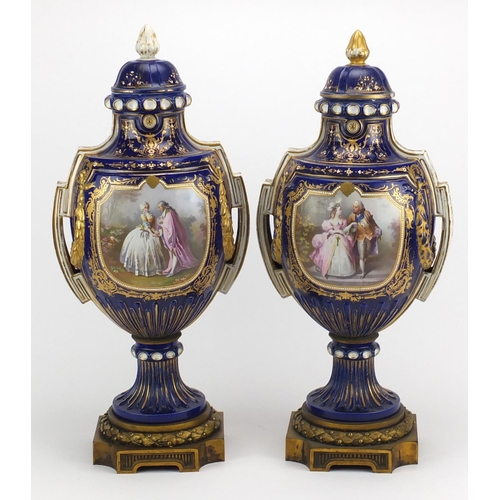 705 - Large pair of 19th century Sevres cobalt blue ground jewelled vases and covers with twin handles, ra... 
