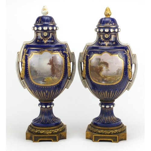705 - Large pair of 19th century Sevres cobalt blue ground jewelled vases and covers with twin handles, ra... 