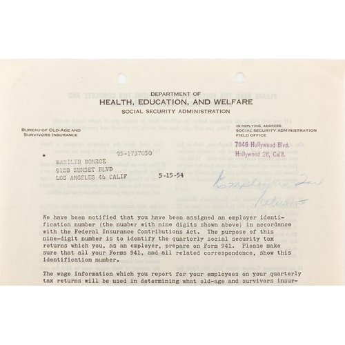 285 - Marilyn Monroe, Department of Health Education and Welfare letter addressed to Marilyn Monroe, with ... 