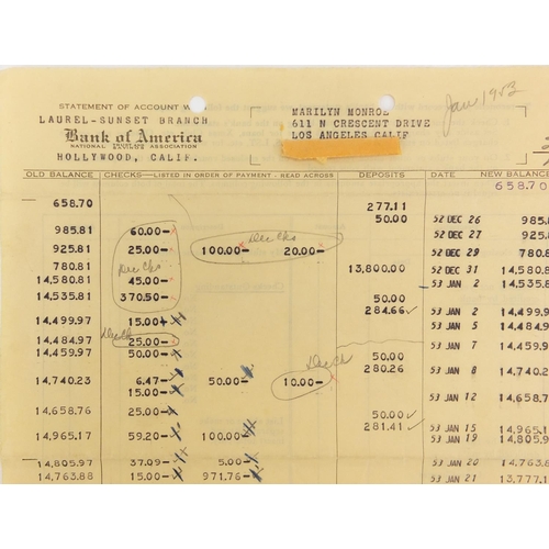 283 - Marilyn Monroe, Bank of America bank statement for the Laurel Sunset branch, with pencil annotations... 