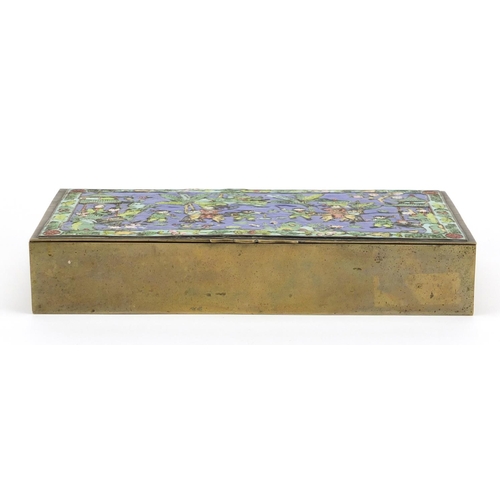 544 - Chinese rectangular brass box, the hinged lid enamelled with figures parading in a landscape, impres... 