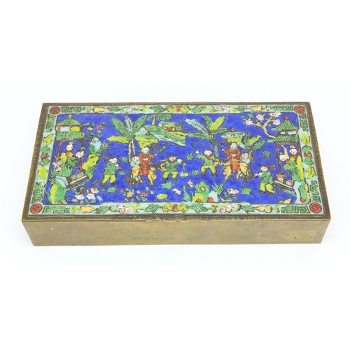 544 - Chinese rectangular brass box, the hinged lid enamelled with figures parading in a landscape, impres... 