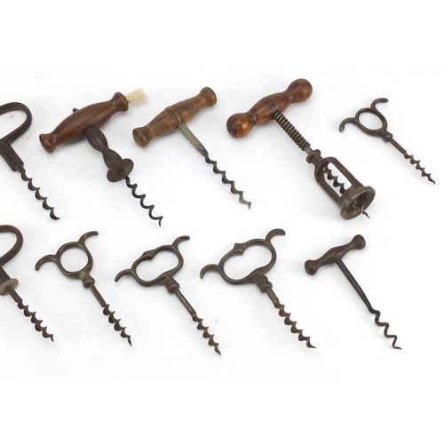 93 - Fifteen antique corkscrews including steel finger pull, straight pull with bone handle, straight pul... 
