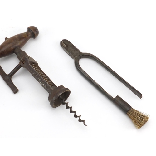 88 - Two 19th century two pillar corkscrews with side brushes and a pair of 19th century champagne pliers... 