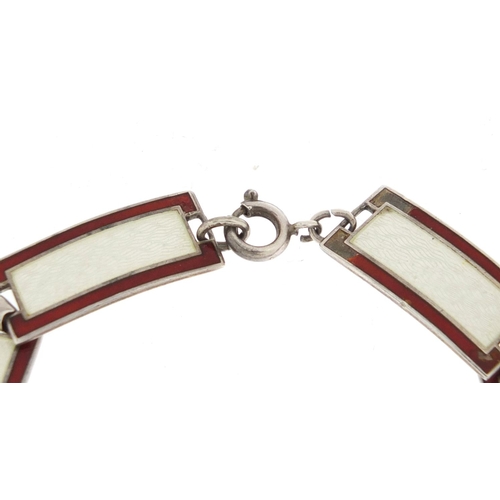 810 - 935 silver bracelet with red and white guilloche enamel, probably Norwegian, 18cm in length