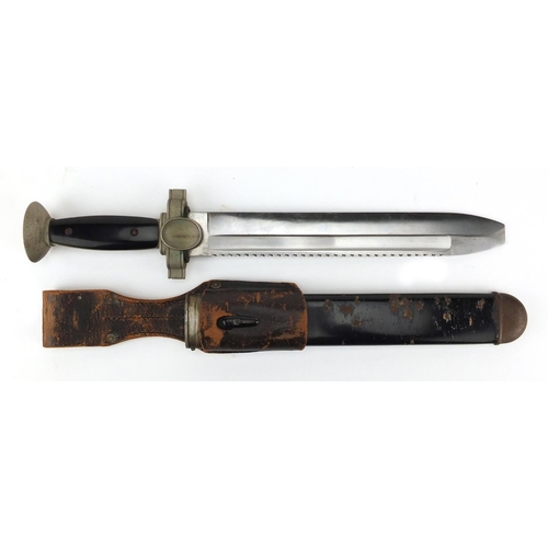 363 - German Military interest Hewer with saw back blade, scabbard and leather frog, 41.5cm in length