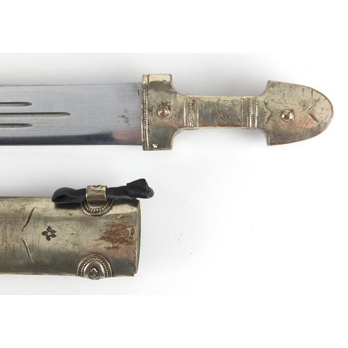 623 - Caucasian Kindjal dagger with silver coloured metal handle and scabbard, each having foliate motifs ... 