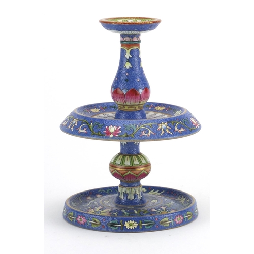 386 - Good Chinese blue ground porcelain candlestick, finely hand painted in the famille rose palette with... 