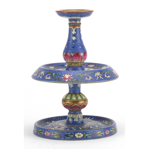 386 - Good Chinese blue ground porcelain candlestick, finely hand painted in the famille rose palette with... 