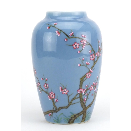 412 - Chinese porcelain vase, hand painted in the famille rose palette with branches of blossoming trees, ... 