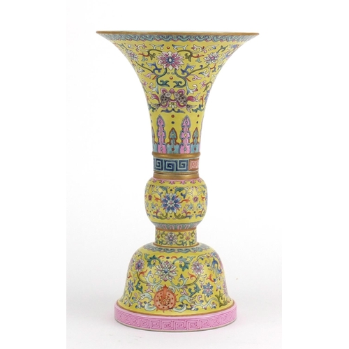 396 - Good Chinese porcelain two section Gu vase, hand painted in the famille rose palette with daoist emb... 