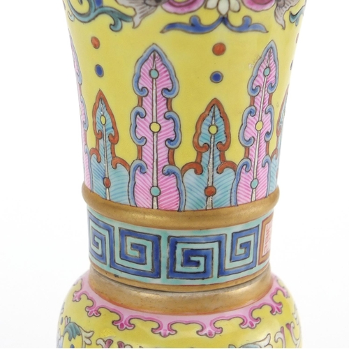 396 - Good Chinese porcelain two section Gu vase, hand painted in the famille rose palette with daoist emb... 