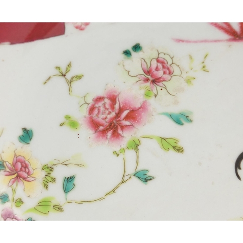 387 - Chinese porcelain red ground shallow dish, hand painted in the famille rose palette with a cockerel,... 