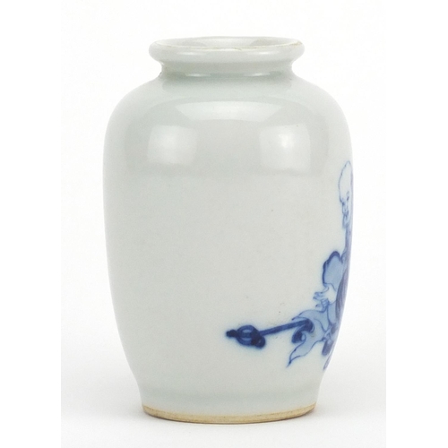 462 - Chinese blue and white porcelain vase, hand painted with a monk, six figure character marks to the b... 
