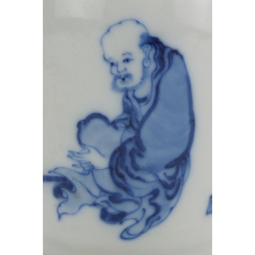 462 - Chinese blue and white porcelain vase, hand painted with a monk, six figure character marks to the b... 