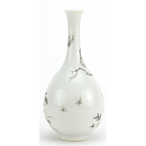 423 - Chinese porcelain grisaille bottle vase, hand painted with butterflies amongst blossoming trees at m... 