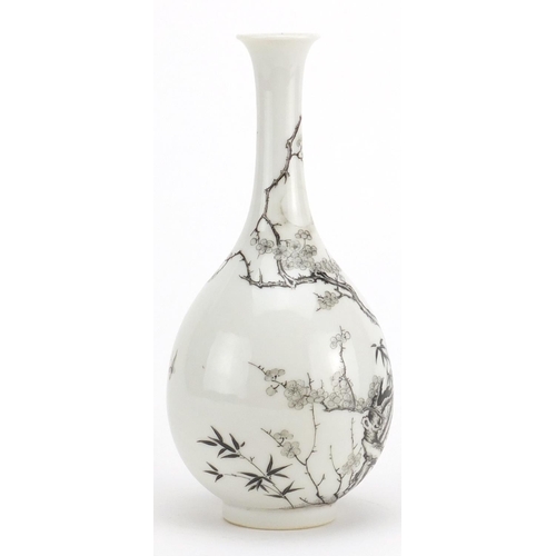 423 - Chinese porcelain grisaille bottle vase, hand painted with butterflies amongst blossoming trees at m... 