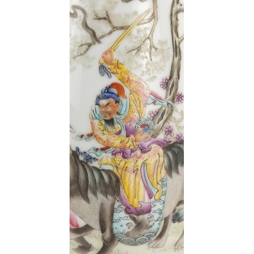 398 - Chinese porcelain footed vase, finely hand painted in the famille rose palette with a warrior on hor... 
