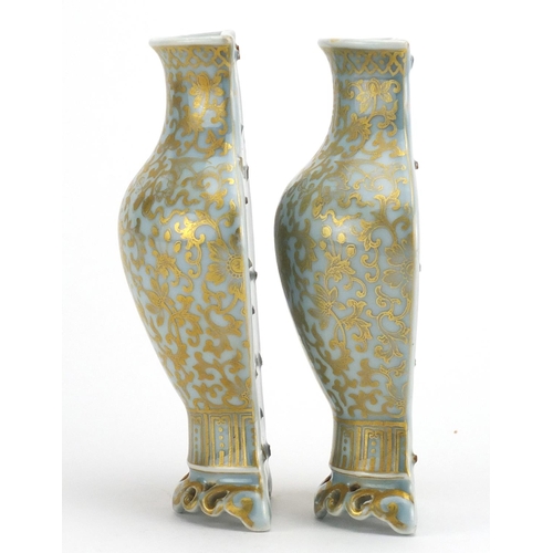 441 - Pair of Chinese porcelain wall vases, finely gilded with flower heads amongst foliate scrolls, six f... 