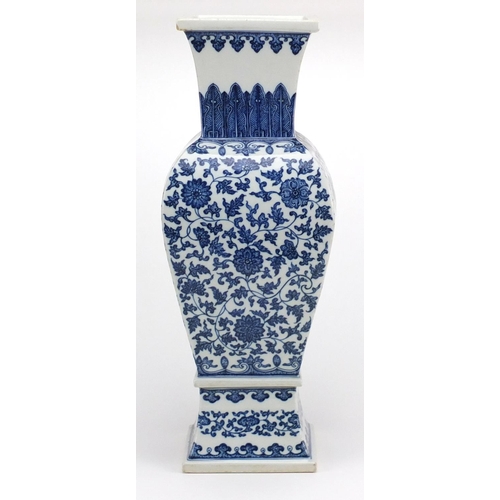 455 - Large Chinese blue and porcelain square section vase, hand painted with flower heads amongst foliate... 