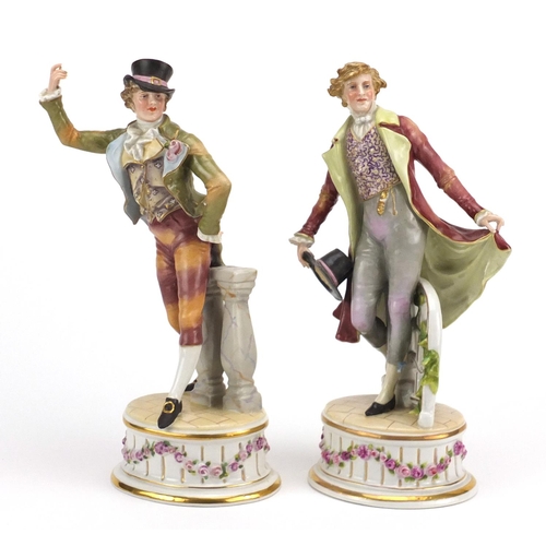 717 - Pair of 19th century German porcelain figures by Plaue, factory marks to the bases, the largest 30cm... 